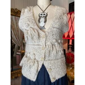 vintage 1970s sweater vest oatmeal cream knit tassel fringe boho hippie 70s med